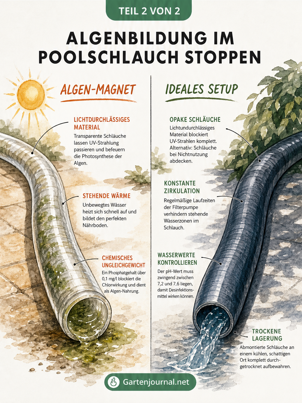 Gegenüberstellung eines transparenten Poolschlauchs in der Sonne als Algen-Magnet und eines lichtundurchlässigen Schlauchs im Schatten als ideales Setup zur...