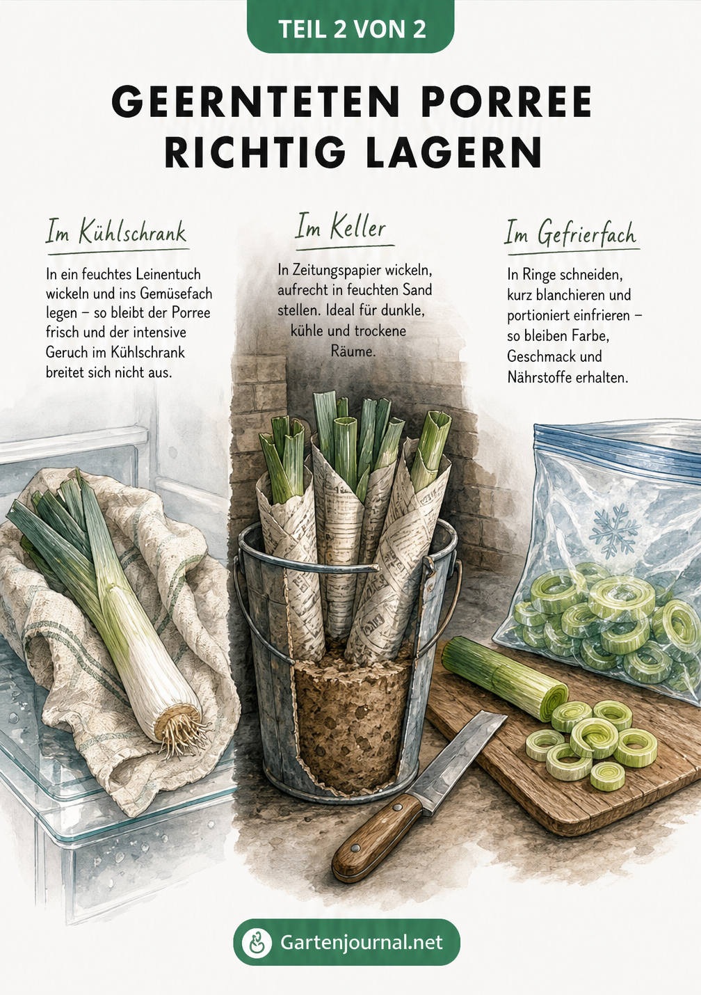Illustration zur Lagerung von Porree im Kühlschrank, im Sandeimer und eingefroren
