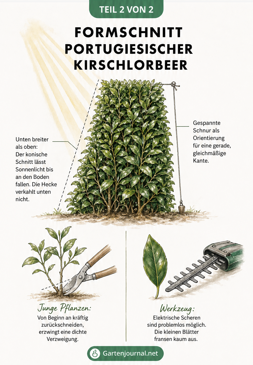Querschnitt einer Kirschlorbeer-Hecke mit konischem Schnitt und Werkzeug-Tipps