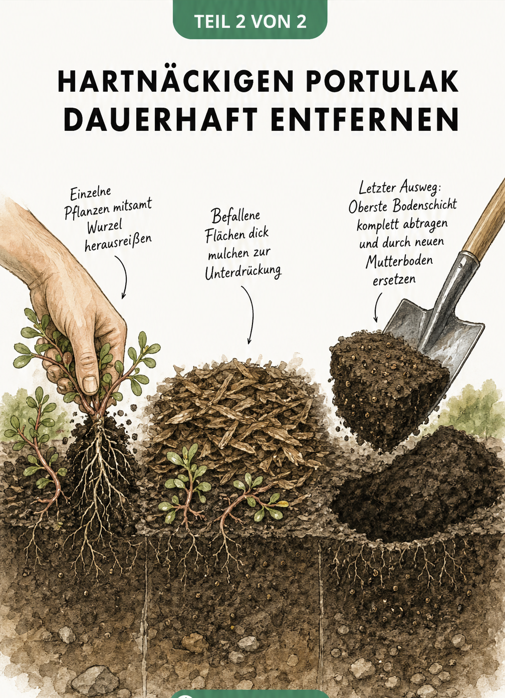 Zeichnung eines Gartenbeets, die das Herausreißen, Mulchen und Abtragen der obersten Bodenschicht bei Portulak-Befall zeigt.