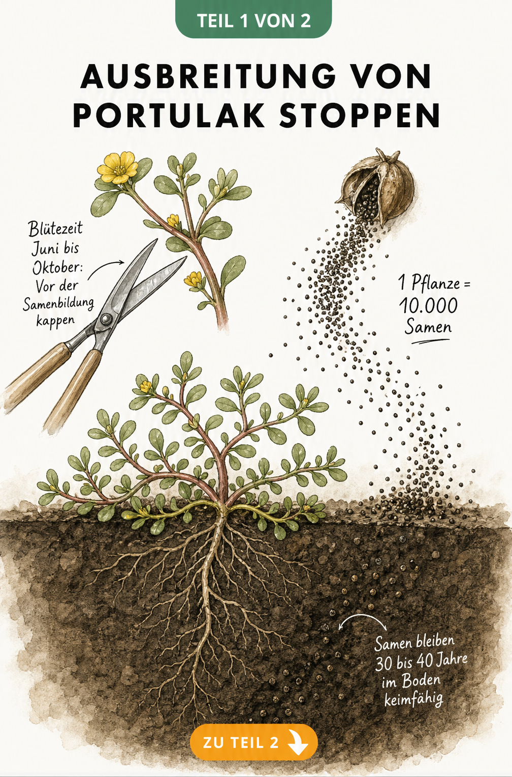 Botanische Illustration einer Portulak-Pflanze mit Blüten, aufplatzender Fruchtkapsel und Samen im Erdreich.