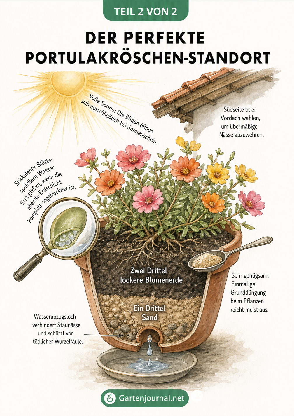 Botanische Illustration eines Portulakröschens im aufgeschnittenen Topf zeigt die optimale Erdmischung aus Blumenerde und Sand sowie den Wasserabzug.