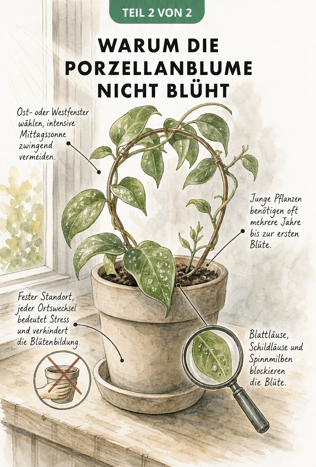 Illustration einer Porzellanblume am Fenster mit Hinweisen zu Pflegefehlern wie falschem Standort und Schädlingen
