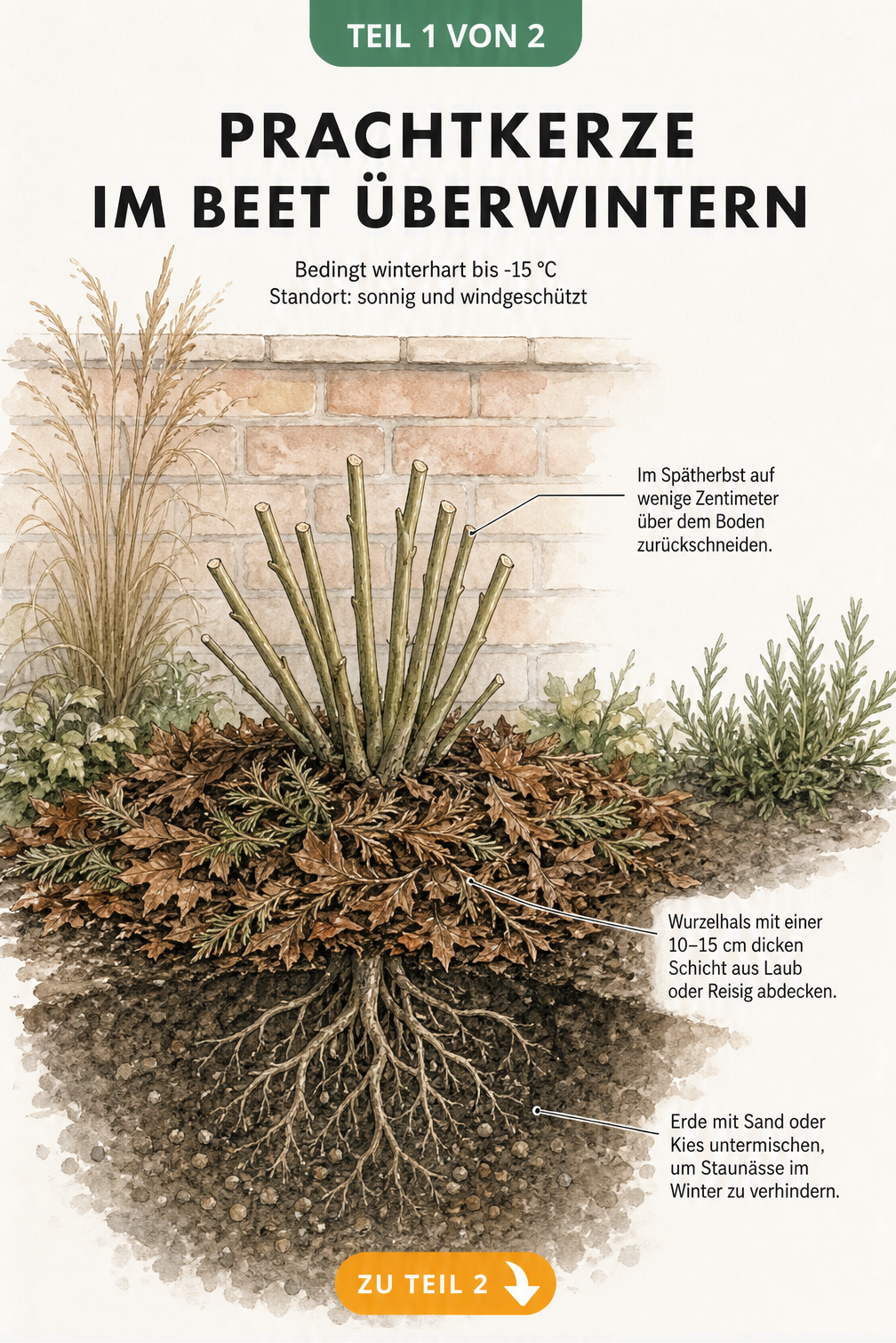 Querschnitts-Illustration einer Prachtkerze im Gartenbeet mit Laubabdeckung und durchlässigem Boden