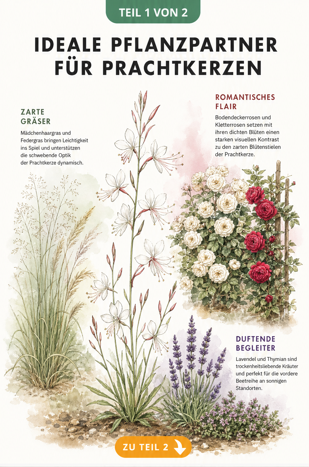 Aquarell-Illustration einer Prachtkerze umgeben von Gräsern, Lavendel, Thymian und Rosen