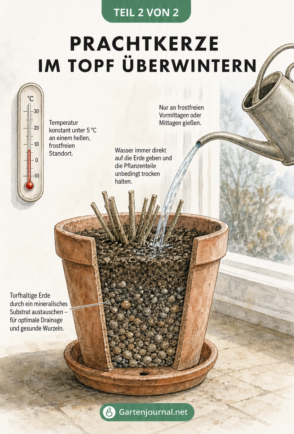 Aquarell-Illustration einer Prachtkerze im Terrakotta-Topf mit Thermometer und Gießkanne