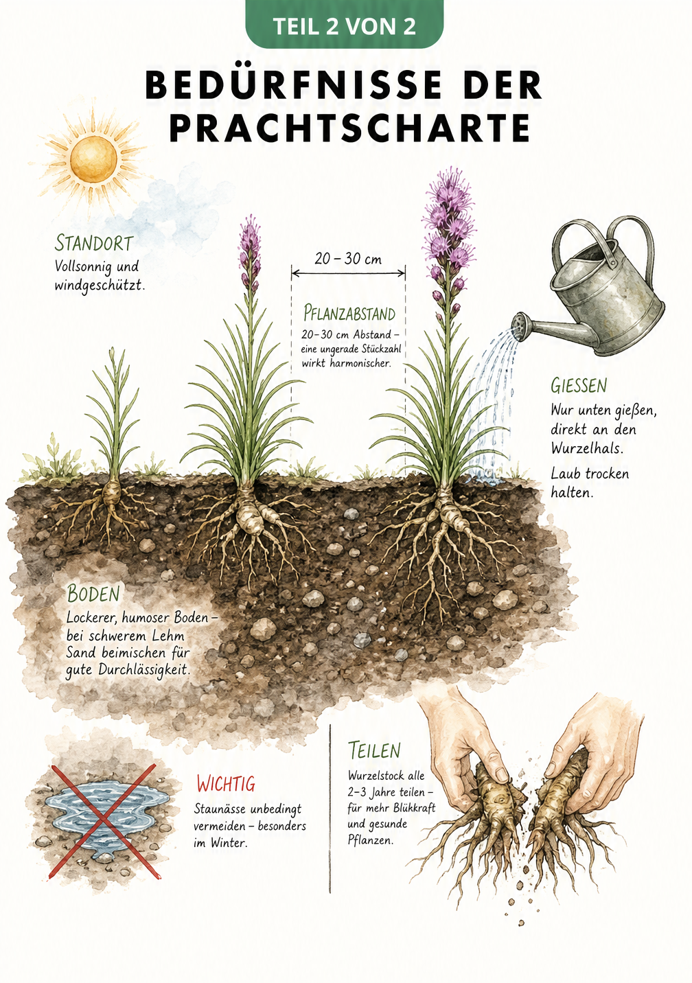Querschnitt eines Gartenbeetes mit Prachtscharten, Sonne und Gießkanne