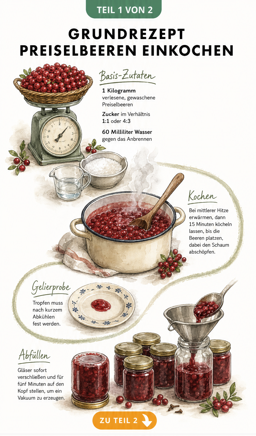 Illustriertes Rezept zum Einkochen von Preiselbeeren mit Zutaten, Topf und Einmachgläsern