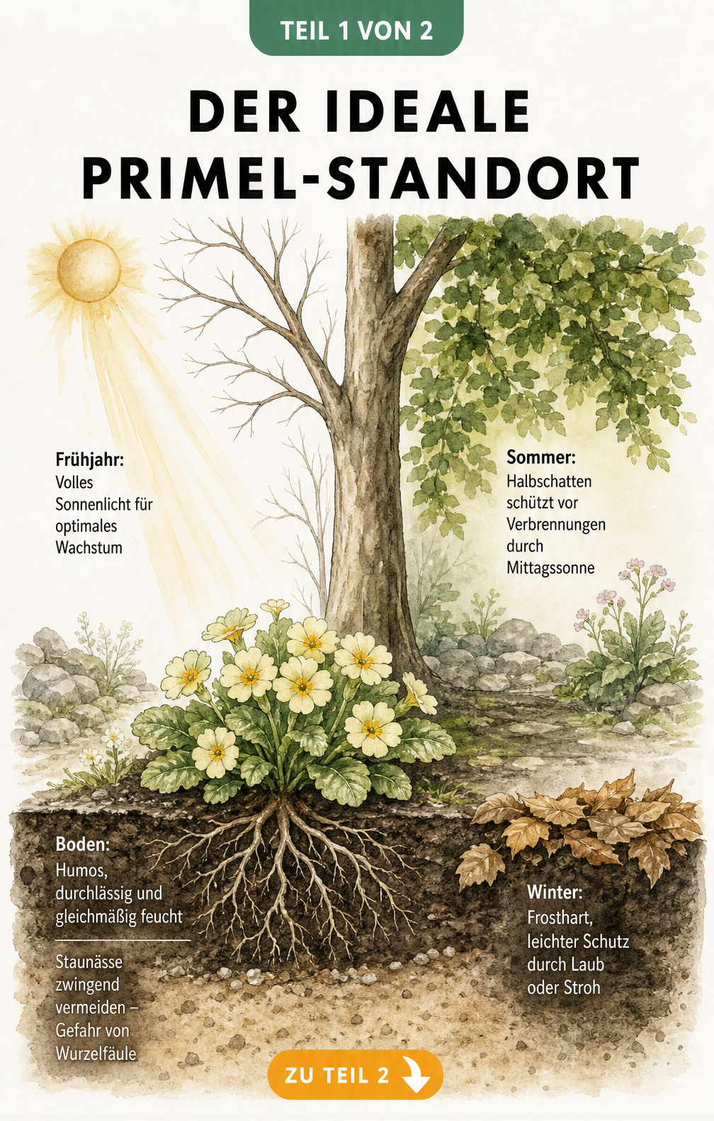 Botanische Illustration einer Primel am Fuß eines Laubbaumes, die Lichtbedürfnisse im Frühjahr und Sommer sowie Bodenansprüche zeigt.