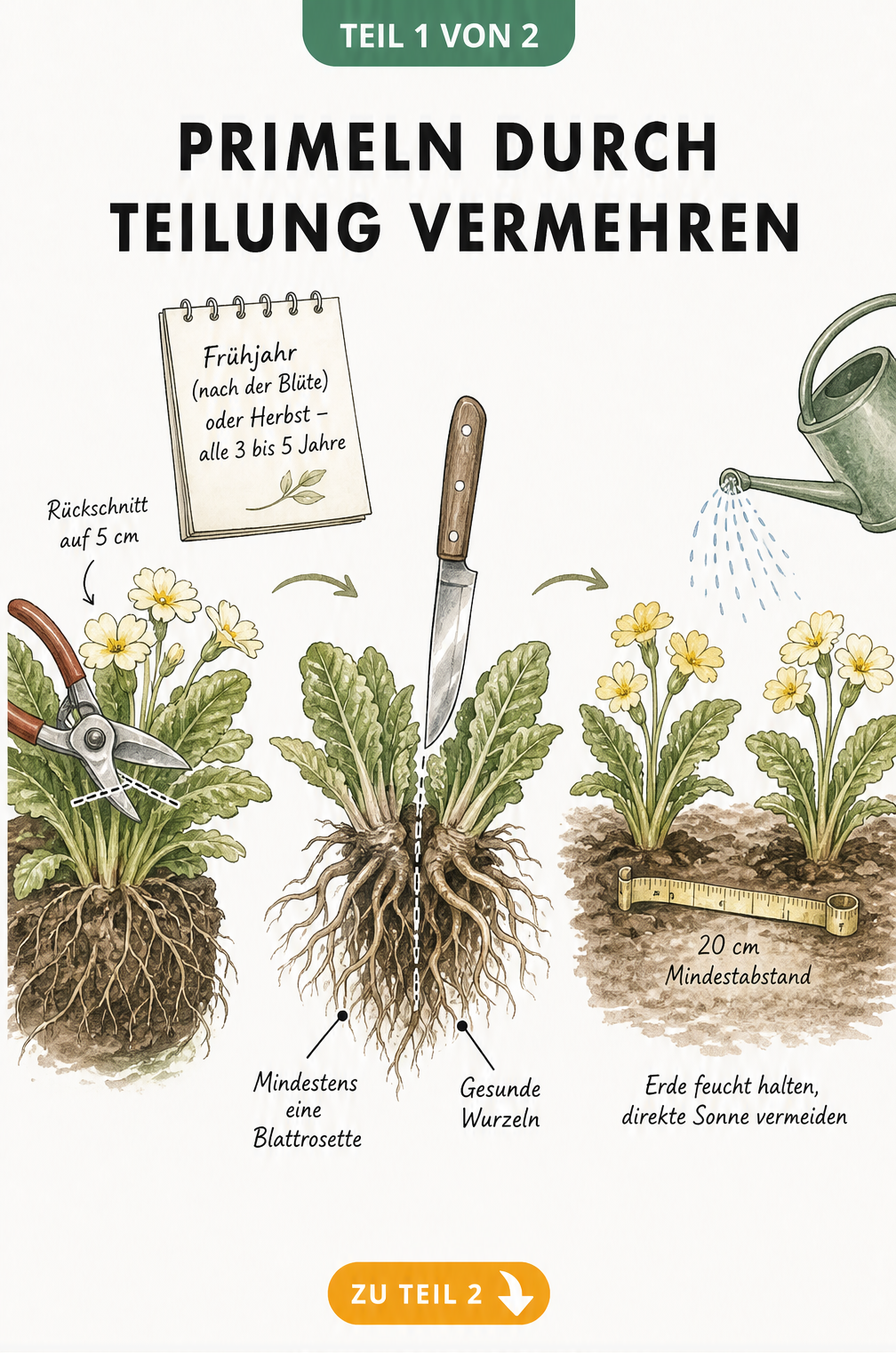 Botanische Illustration zur Vermehrung von Primeln durch Teilung mit Gartenschere und Maßband