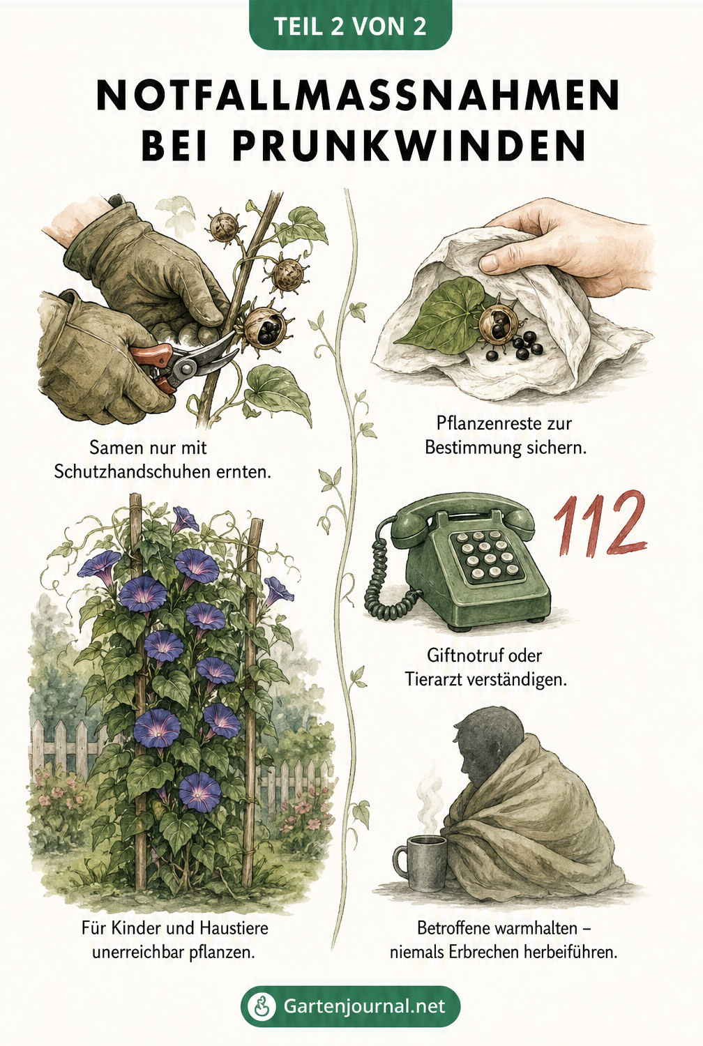 Illustration von Notfallmaßnahmen bei Prunkwinden: Handschuhe tragen, unerreichbar pflanzen und Giftnotruf wählen