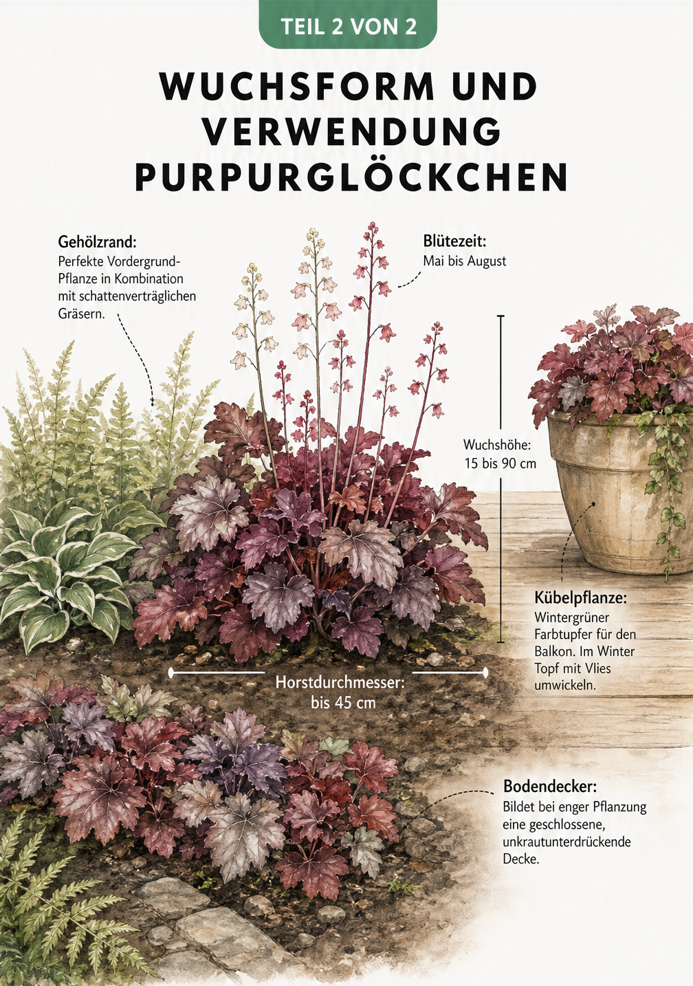 Darstellung der buschigen Wuchsform von Purpurglöckchen und deren Verwendung als Bodendecker, Kübelpflanze und am Gehölzrand.