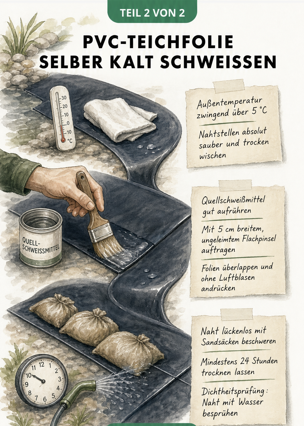 Schritt-für-Schritt Anleitung zum Kaltschweißen von PVC-Teichfolie mit Quellschweißmittel