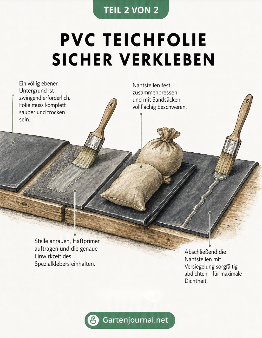 Isometrische Darstellung der vier Arbeitsschritte zum Verkleben von PVC-Teichfolie: Untergrund vorbereiten, Primer auftragen, Naht beschweren und versiegeln