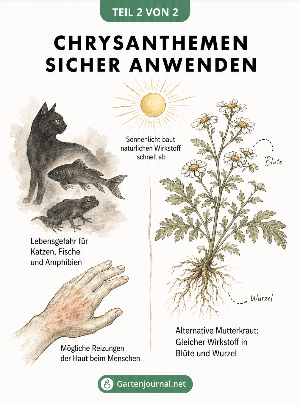 Illustration zu Risiken von Pyrethrin für Katzen und Fische sowie Mutterkraut als Alternative