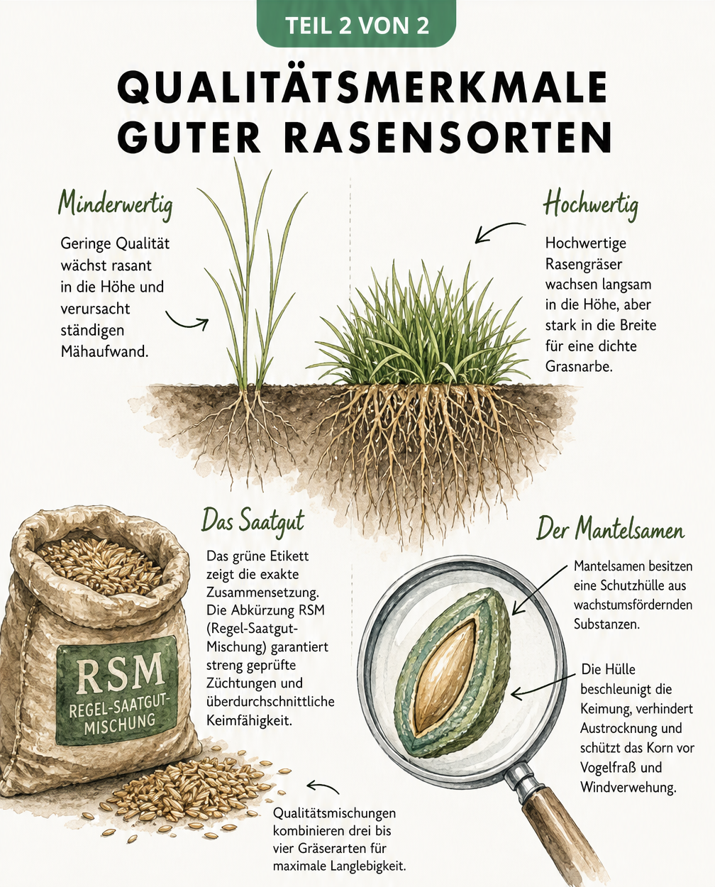 Vergleich von hochwertigen und minderwertigen Rasengräsern sowie Darstellung von Mantelsamen und RSM-Saatgut.