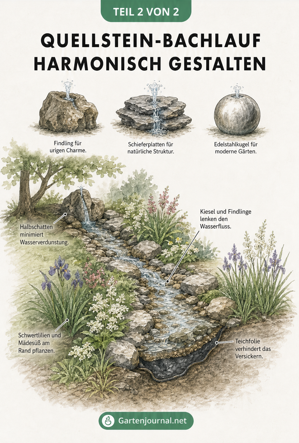 Isometrische Illustration eines Gartenhangs mit Quellstein-Bachlauf, verschiedenen Stein-Varianten und Bepflanzung