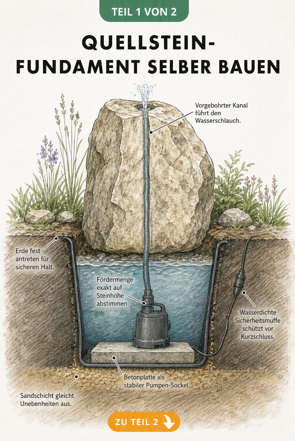 Querschnitt-Ansicht eines Quellstein-Fundaments mit Maurerwanne, Pumpe und Wasserführung im Erdreich