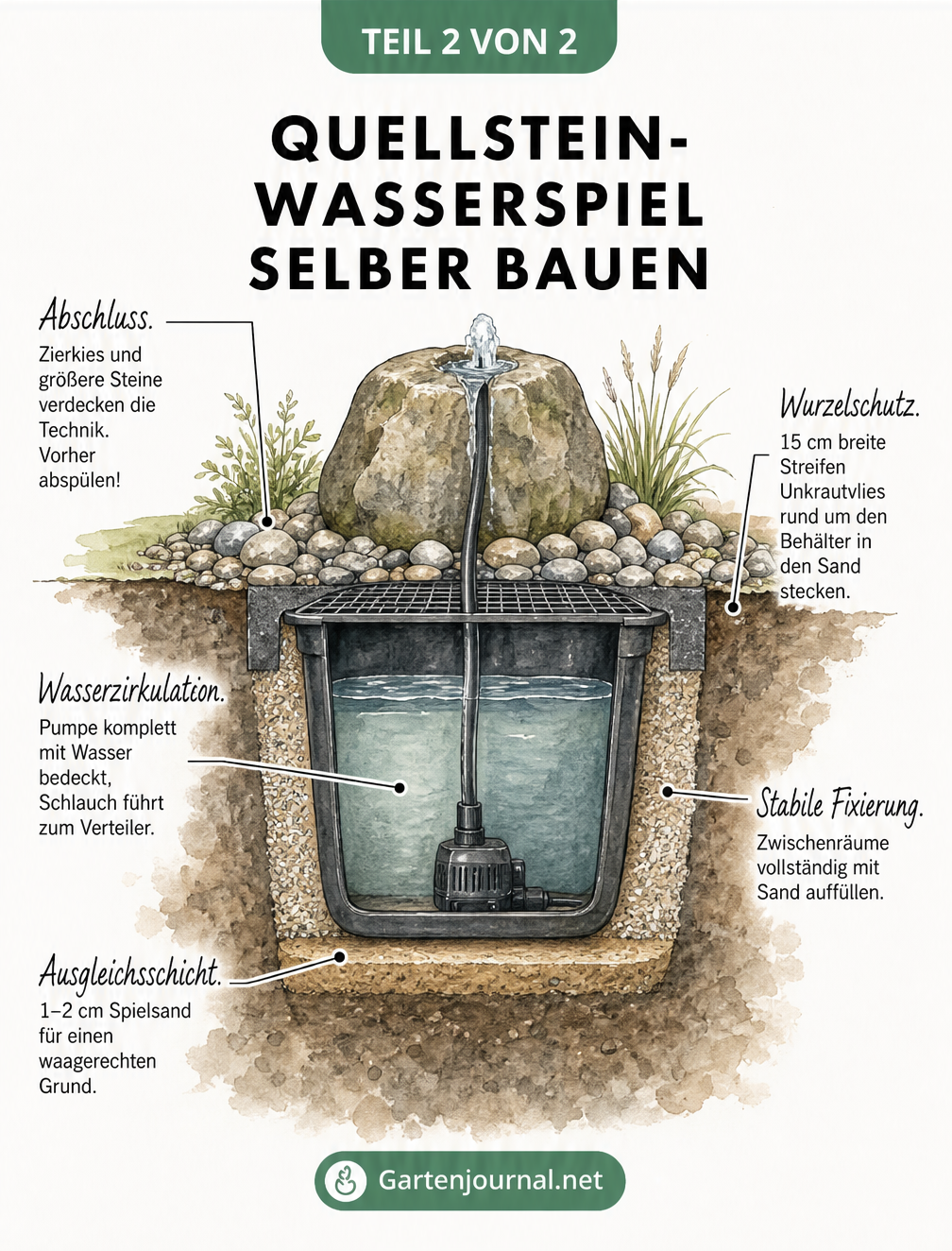 Querschnitt-Skizze eines Quellstein-Wasserspiels mit unterirdischem Wasserbehälter, Pumpe, Ausgleichsschicht, Wurzelschutz und Zierkies-Abdeckung.