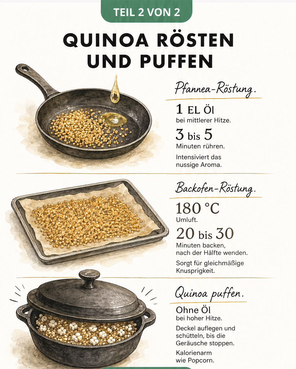 Vergleich der drei Methoden zum Quinoa rösten: Pfanne, Backofen und Puffen im Topf