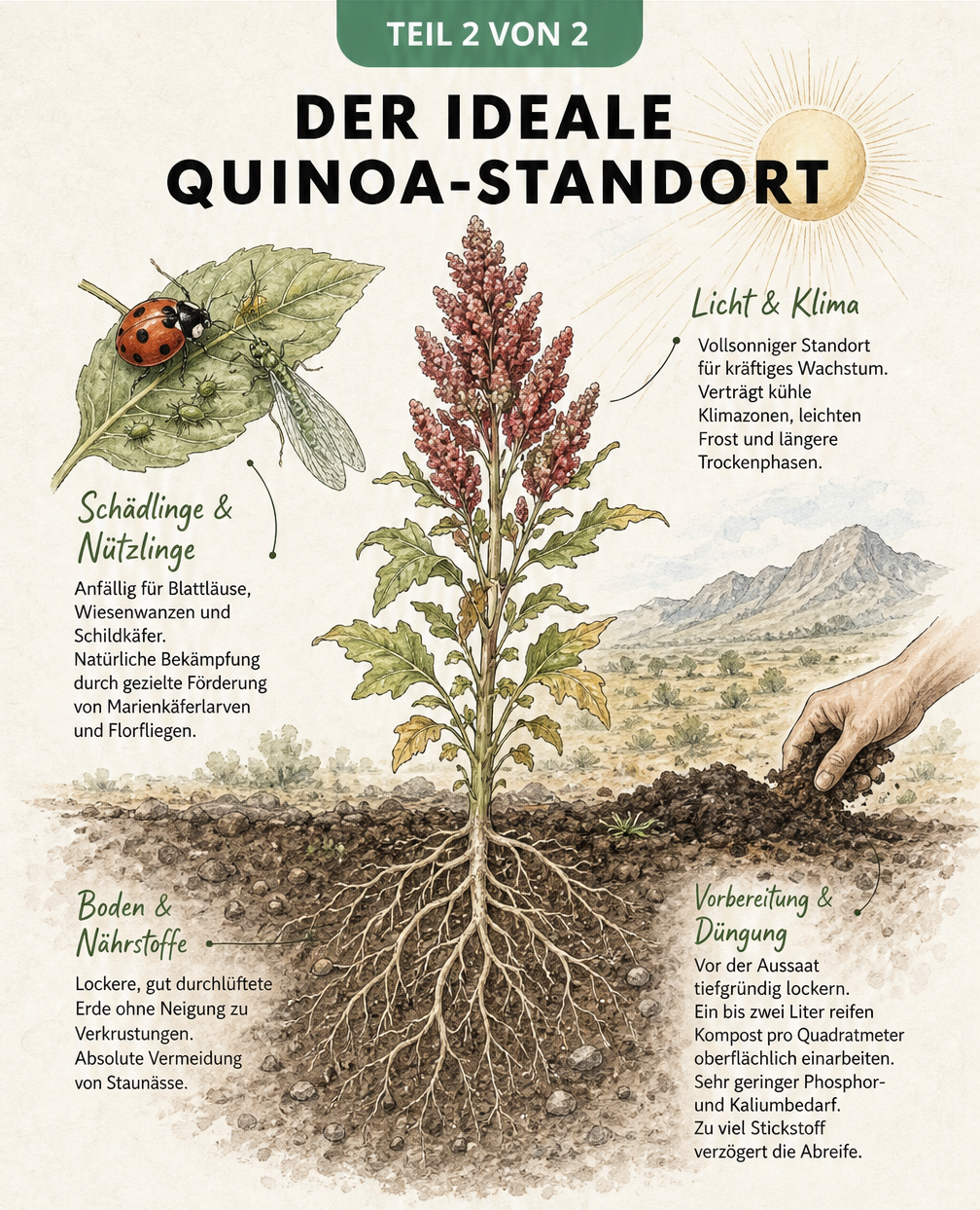 Illustration einer Quinoa-Pflanze mit idealen Standortbedingungen, Bodenbeschaffenheit und Nützlingen