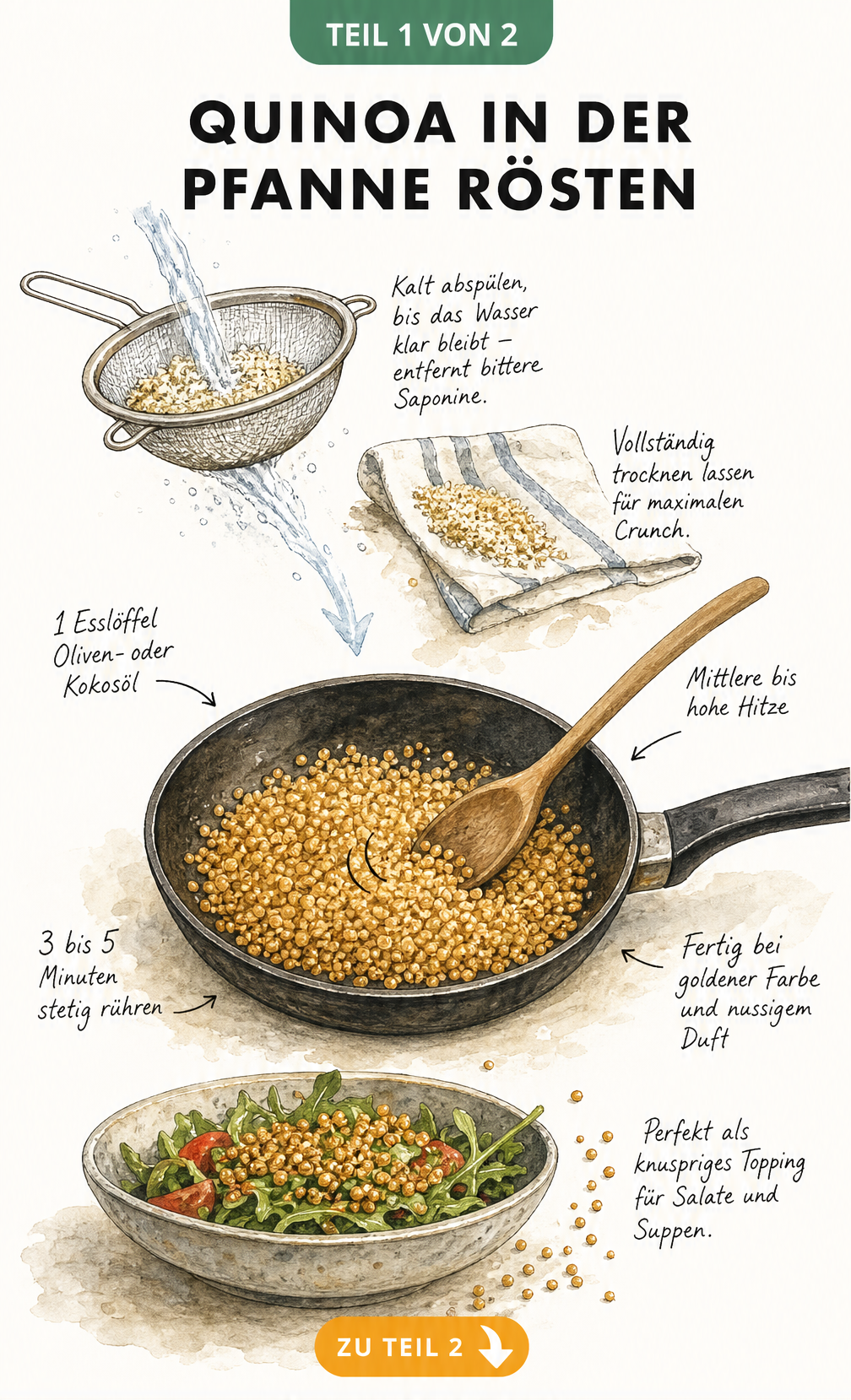 Illustration zur Vorbereitung und zum Rösten von Quinoa in der Pfanne mit Sieb und Küchentuch