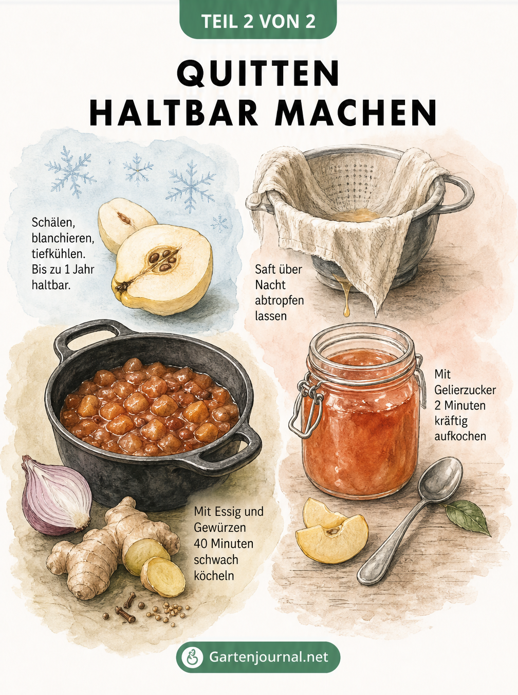 Illustration von Quittengelee, Quitten-Chutney und eingefrorenen Quitten mit Zubereitungstipps