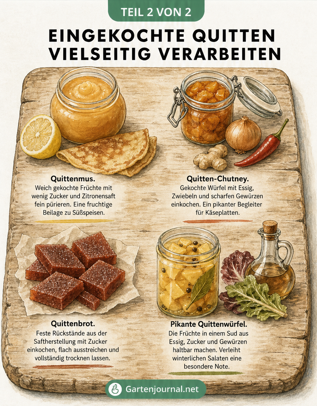 Illustration verschiedener Quitten-Spezialitäten wie Quittenmus, Chutney, Quittenbrot und pikante Quittenwürfel