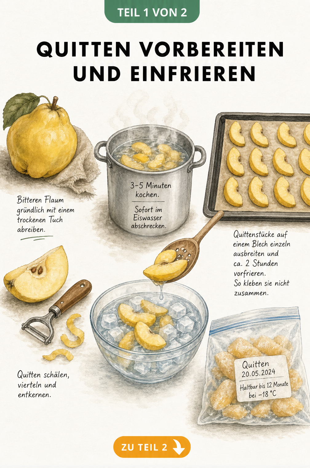 Aquarell-Illustration der Vorbereitung von Quitten zum Einfrieren: Flaum abreiben, schälen, blanchieren und auf einem Blech vorfrieren.
