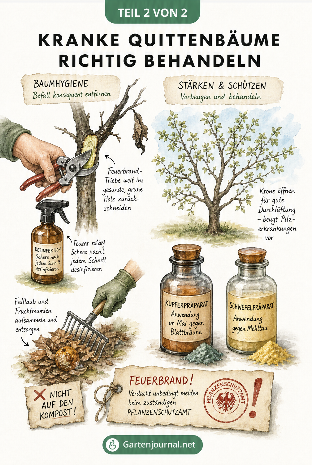 Illustration zur Behandlung von Quittenbaum-Krankheiten mit Gartenschere, Desinfektion, Harke und Präparaten