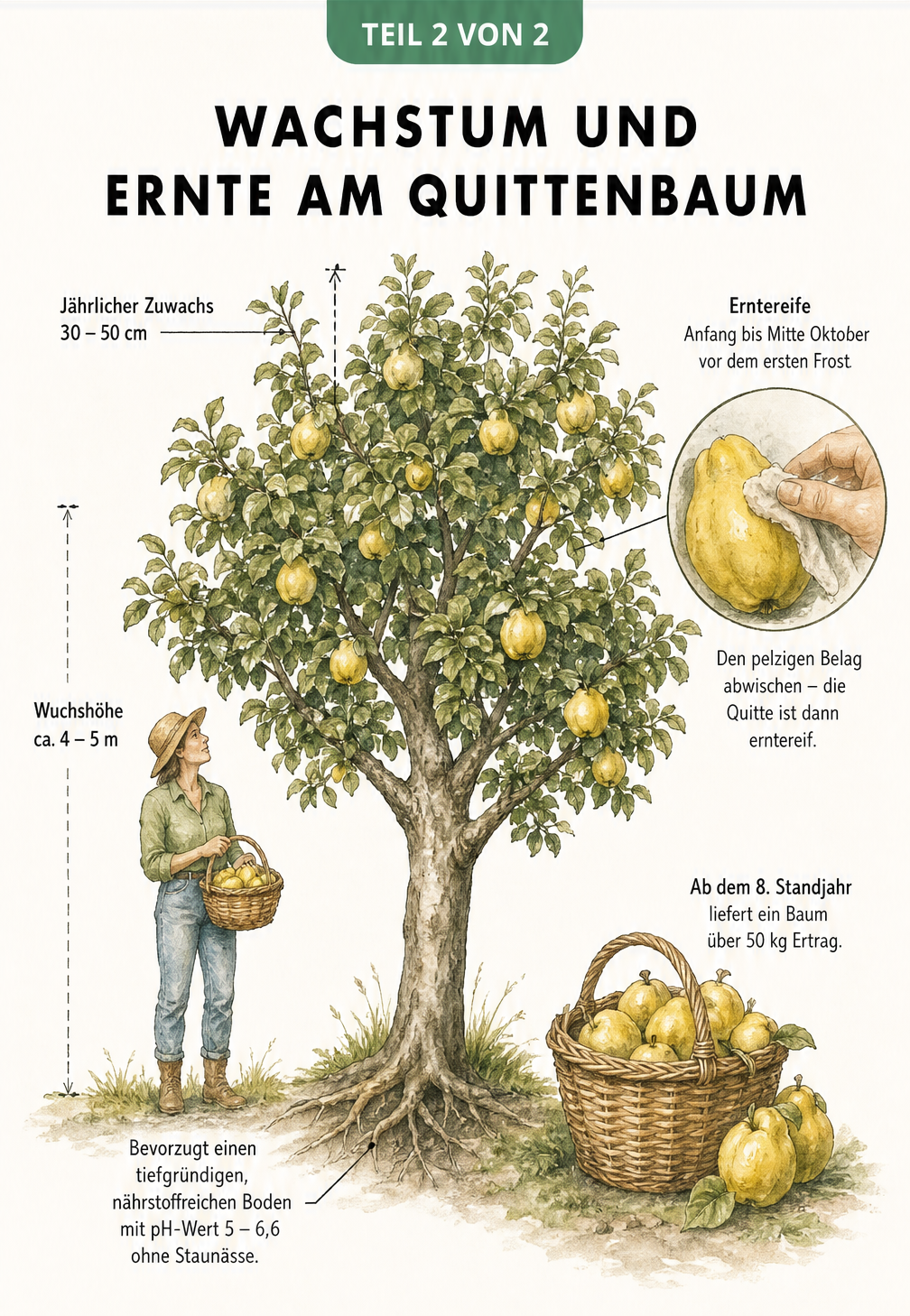 Illustration eines Quittenbaums mit Erntekorb und Details zu Wachstum und Boden