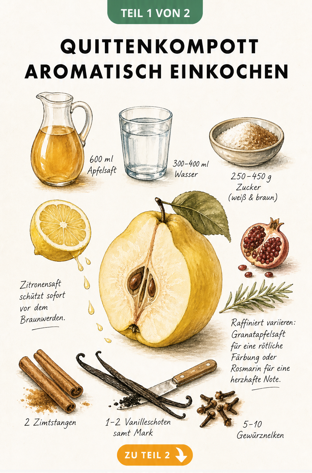 Illustration der Zutaten für Quittenkompott mit aufgeschnittener Quitte, Apfelsaft, Zucker, Zitrone und Gewürzen