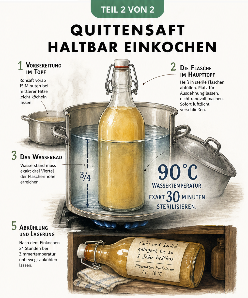 Querschnitt durch einen Einkochtopf mit einer Glasflasche, der die genauen Temperaturen, Zeiten und Wasserstände zum Haltbarmachen von Quittensaft zeigt.