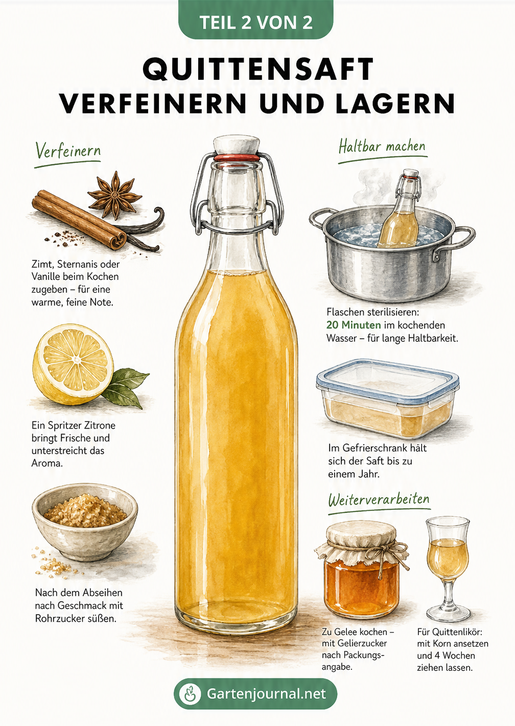 Illustration einer Glasflasche mit Quittensaft, umgeben von Gewürzen wie Zimt und Sternanis sowie Hinweisen zur Sterilisation und Lagerung.