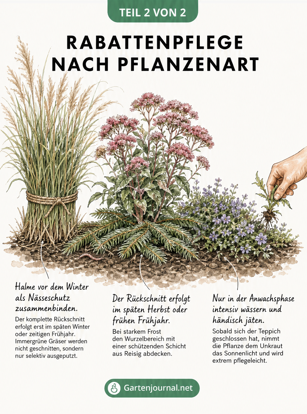 Illustration eines Beetes mit Ziergras, Blütenstaude und Bodendecker, die die spezifischen Pflegemaßnahmen für die verschiedenen Pflanzenarten erklärt.