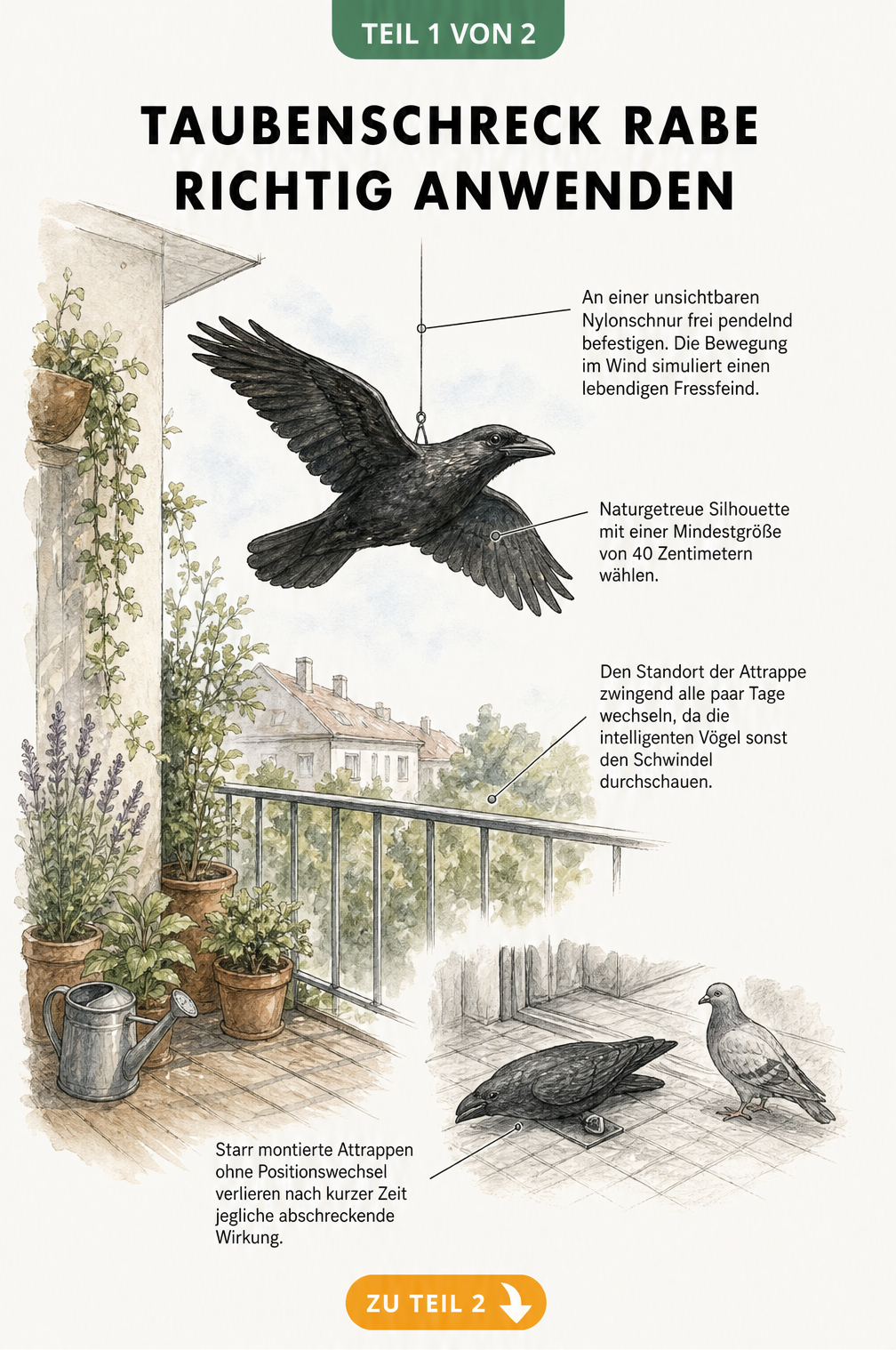 Illustration einer Raben-Attrappe als Taubenschreck auf einem Balkon, die an einer Nylonschnur pendelt.