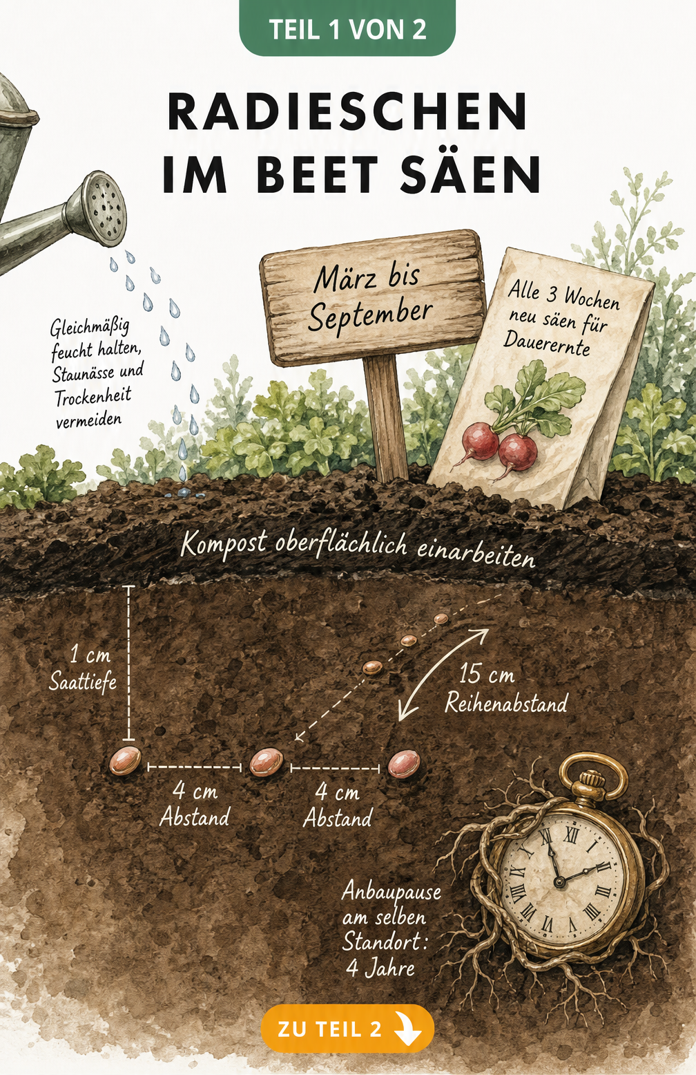 Querschnitt durch ein Gartenbeet mit Radieschensamen, Maßband für Saattiefe und Gießkanne