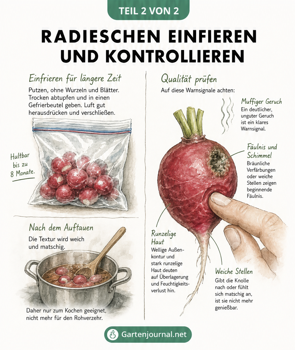 Illustration zum Einfrieren von Radieschen und zur Qualitätskontrolle bei Fäulnis oder Überlagerung