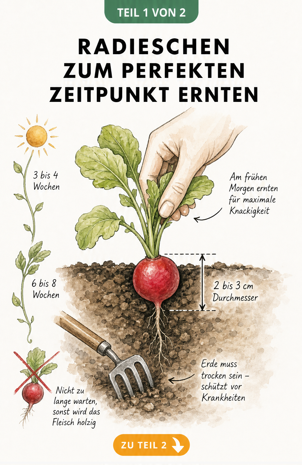 Illustration eines Radieschens im Beet mit Maßpfeil für 2 bis 3 cm Durchmesser und Hinweisen zur Erntezeit