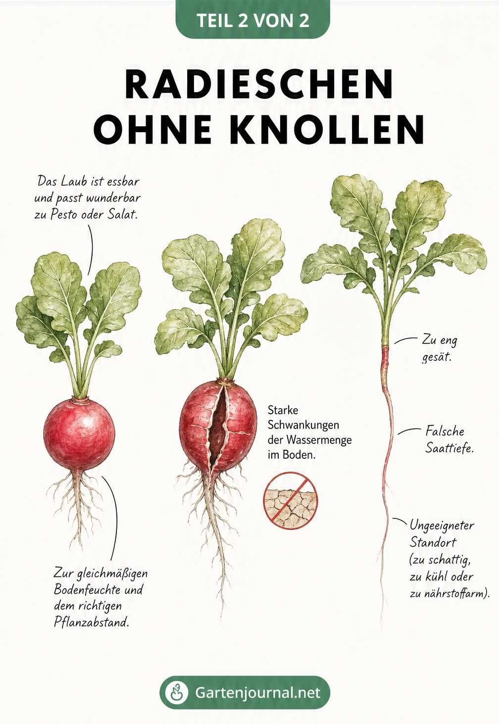Gegenüberstellung von drei Radieschenpflanzen: eine perfekte Knolle, eine geplatzte Knolle und eine Pflanze ohne Knolle mit Ursachen