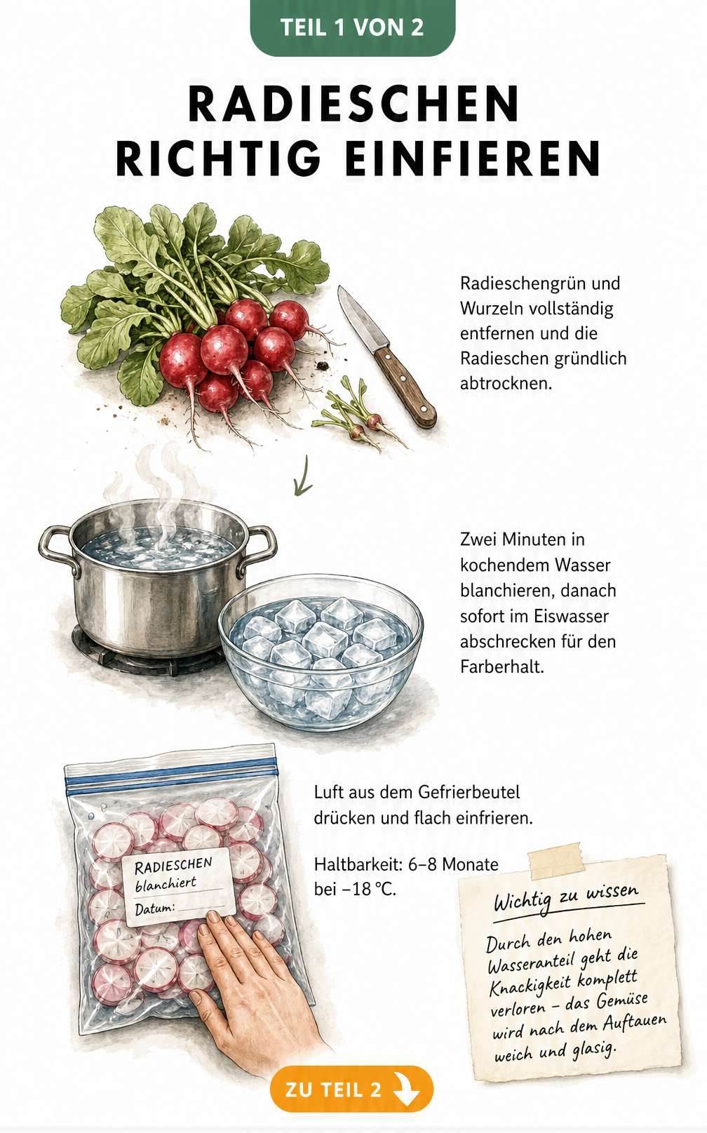 Illustration zum richtigen Einfrieren von Radieschen mit Vorbereitung, Blanchieren und Verpacken