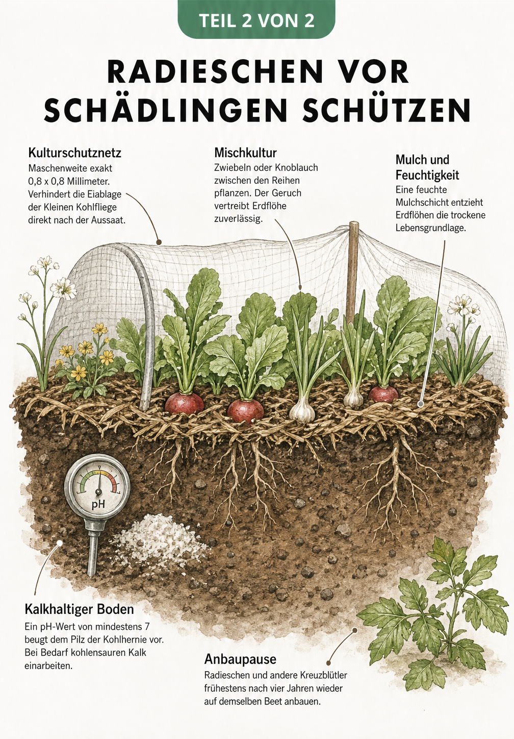 Querschnitt eines Gartenbeets mit Schutzmaßnahmen für Radieschen wie Kulturschutznetz, Mischkultur, Mulch und kalkhaltigem Boden