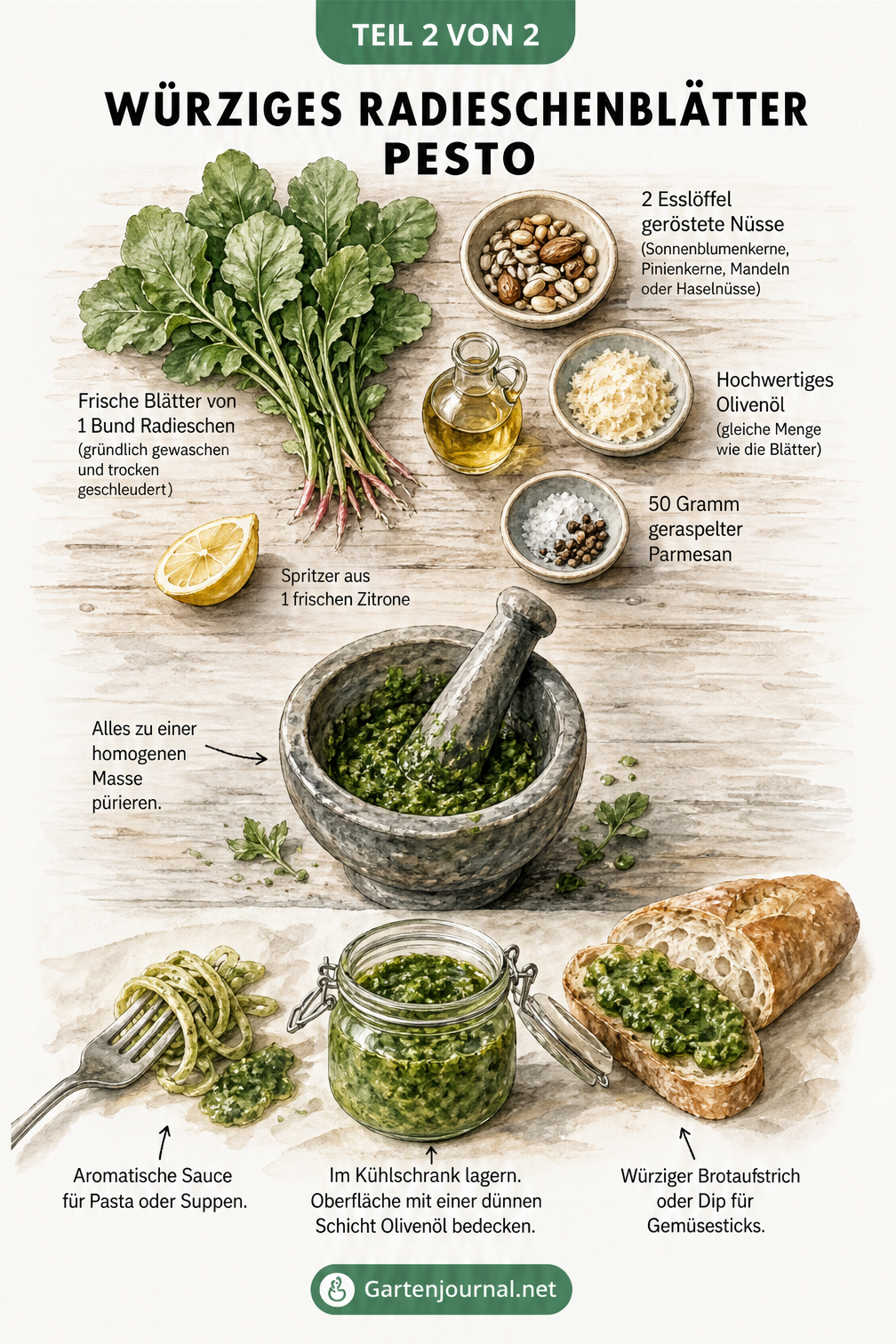 Illustration der Zutaten und Zubereitung von Radieschenblätter-Pesto