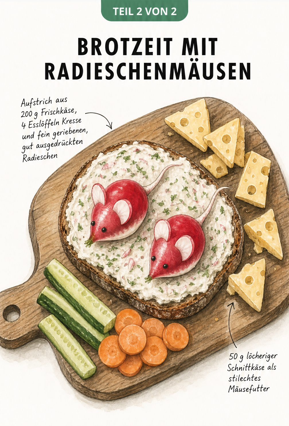 Illustration eines Holzbretts mit Brotscheibe, Radieschen-Frischkäse-Aufstrich und zwei Radieschenmäusen