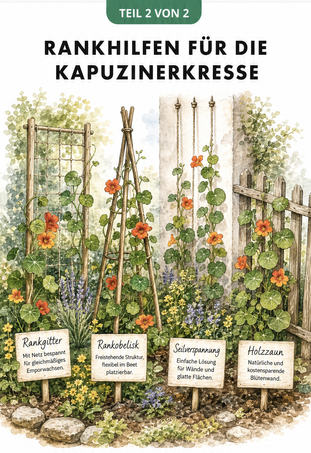 Aquarell-Illustration von vier Rankhilfen für Kapuzinerkresse: Rankgitter mit Jutenetz, Holzobelisk, gespannte Seile und ein Holzzaun
