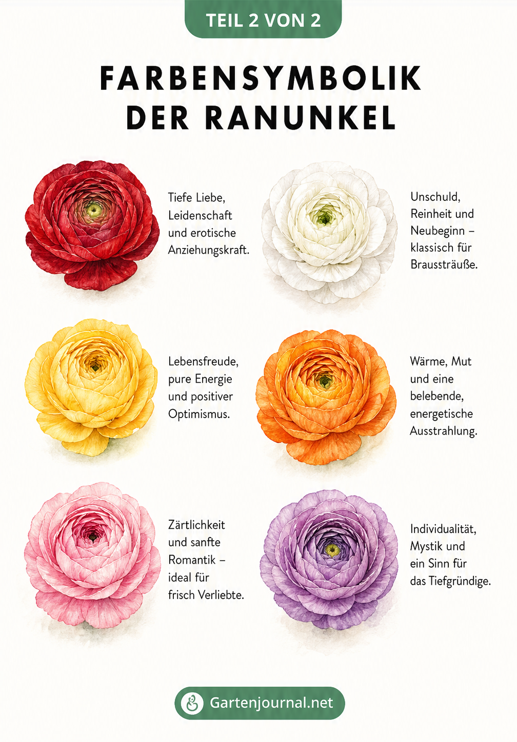 Übersicht von sechs Ranunkelblüten in Rot, Weiß, Gelb, Orange, Rosa und Violett mit ihrer jeweiligen Farbbedeutung