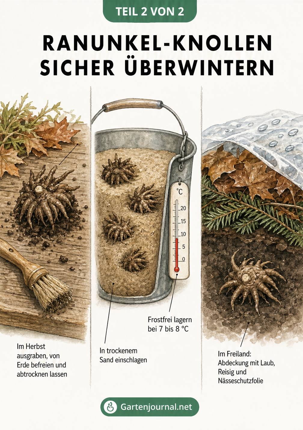 Illustration zur Überwinterung von Ranunkel-Knollen: Ausgraben, frostfrei in Sand lagern oder im Freiland abdecken