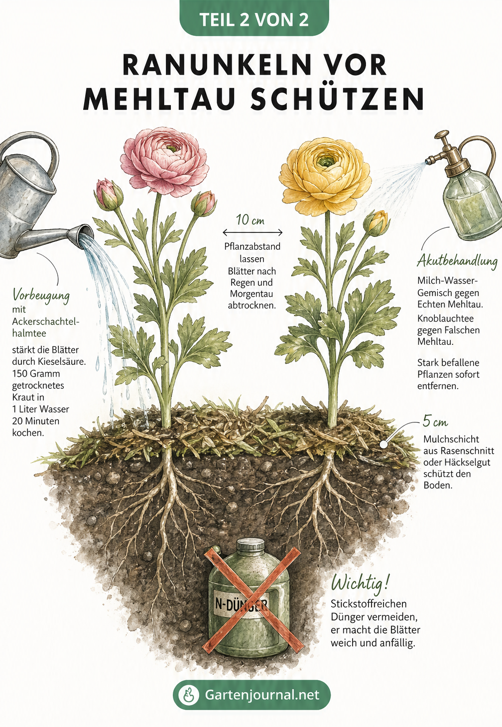 Querschnitt eines Gartenbeets mit Ranunkeln, der Pflanzabstand, Mulchschicht und Gießen mit Ackerschachtelhalmtee zeigt.