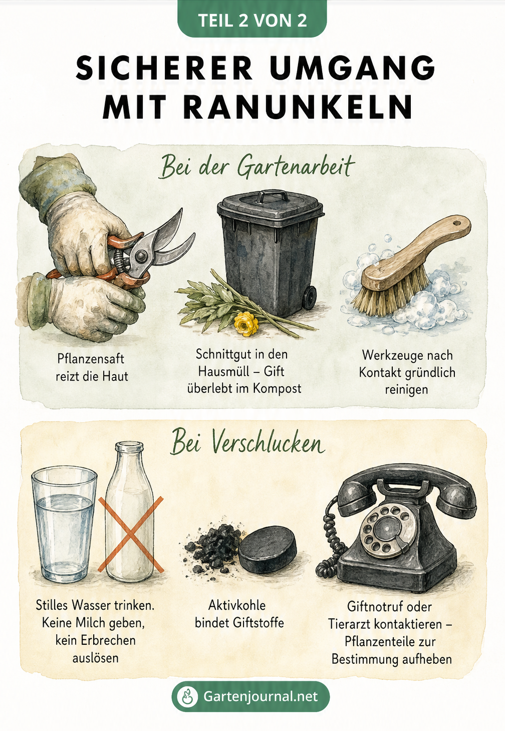 Illustration zum sicheren Umgang mit Ranunkeln bei der Gartenarbeit und Erste-Hilfe-Maßnahmen bei Vergiftung