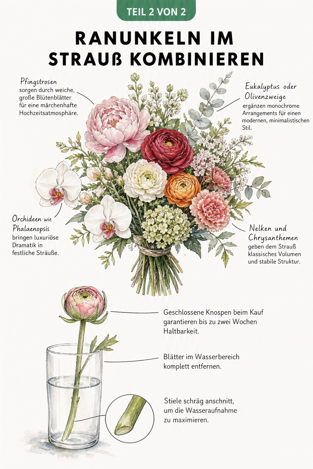 Skizze eines Blumenstraußes mit Ranunkeln, Pfingstrosen, Eukalyptus, Orchideen und Nelken sowie Tipps zum Anschnitt und zur Haltbarkeit in der Vase